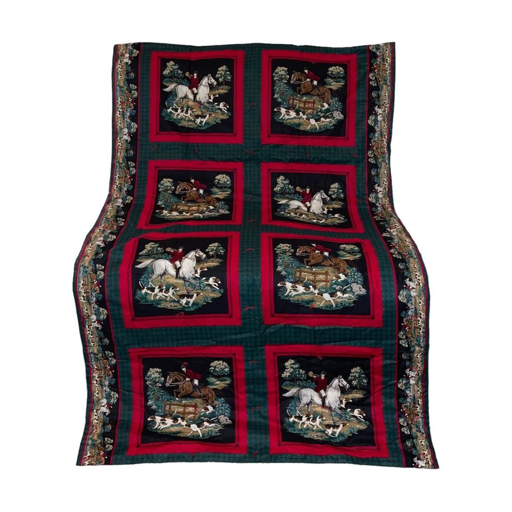 Handmade Vintage 70's Equestrian Horse Rider Beagle Hunting Pocket Quilt 70 X 43